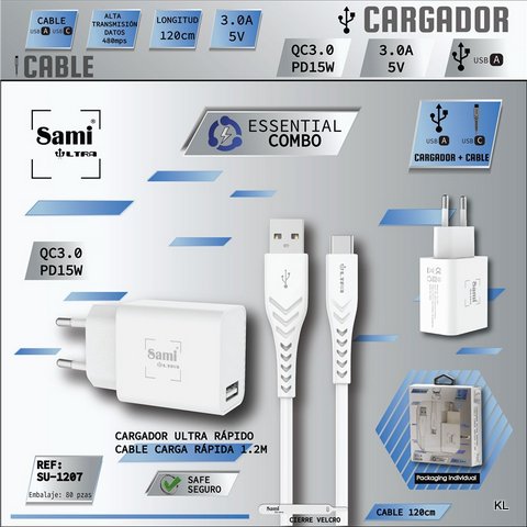 Carregador Ultra Rapido USB C/cabo 1.2 metros ref.SU1207